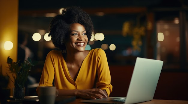 A counselor smiling confidently while working at her laptop